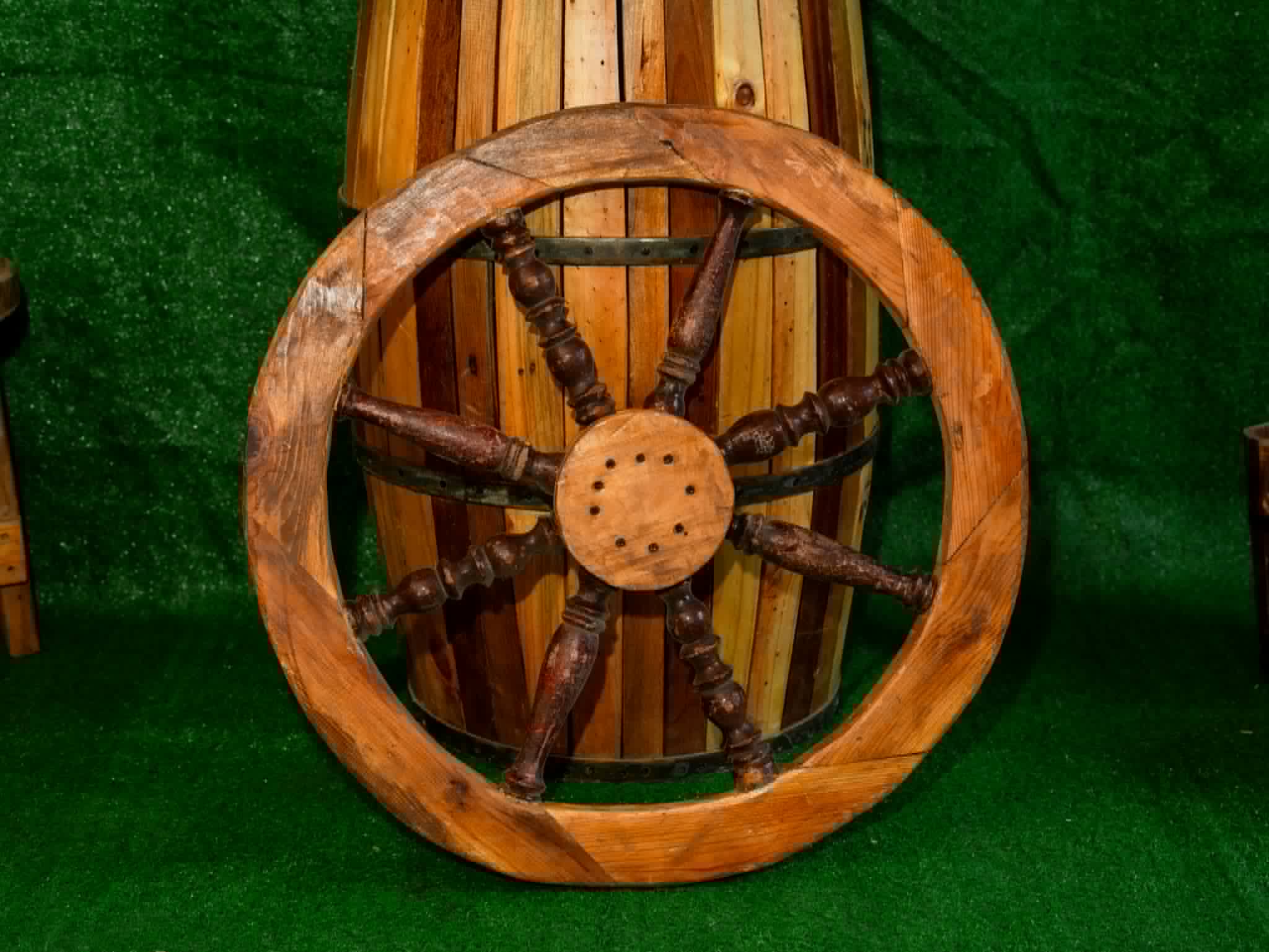 Large rustic wooden wagon wheel