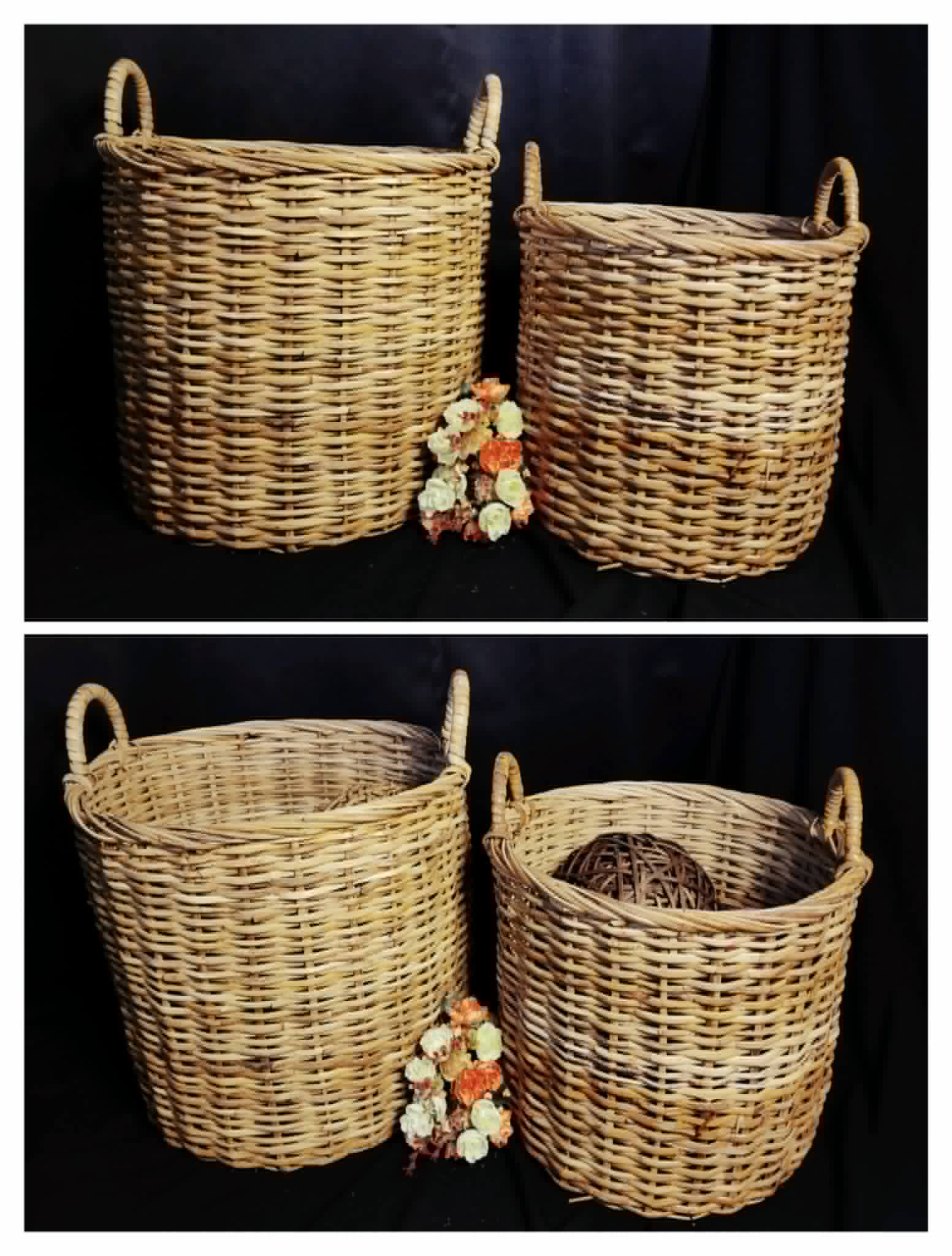 Two woven natural baskets shown in tall and low arrangements