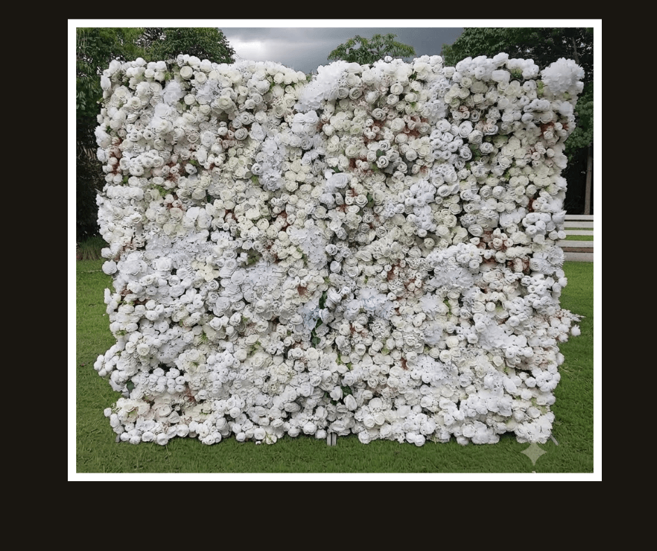 Dense full-size white flower wall with varied white blossoms