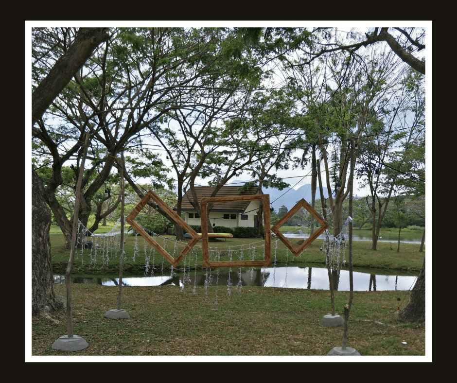 Outdoor installation of suspended wooden diamond frames beneath a large tree