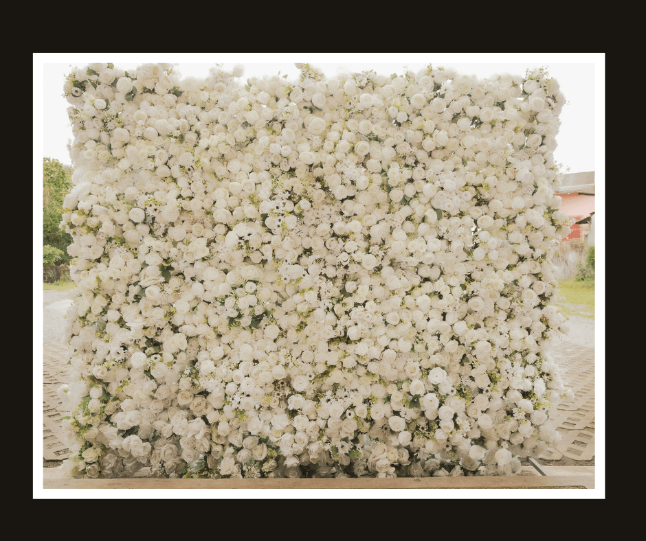 Full ivory and cream flower wall densely layered with hydrangea-style blossoms