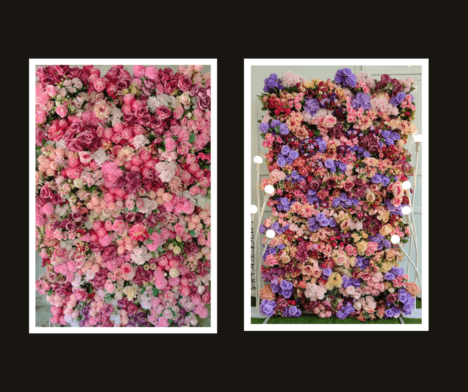 Two flower wall panels shown in pink and vibrant multicolor floral designs