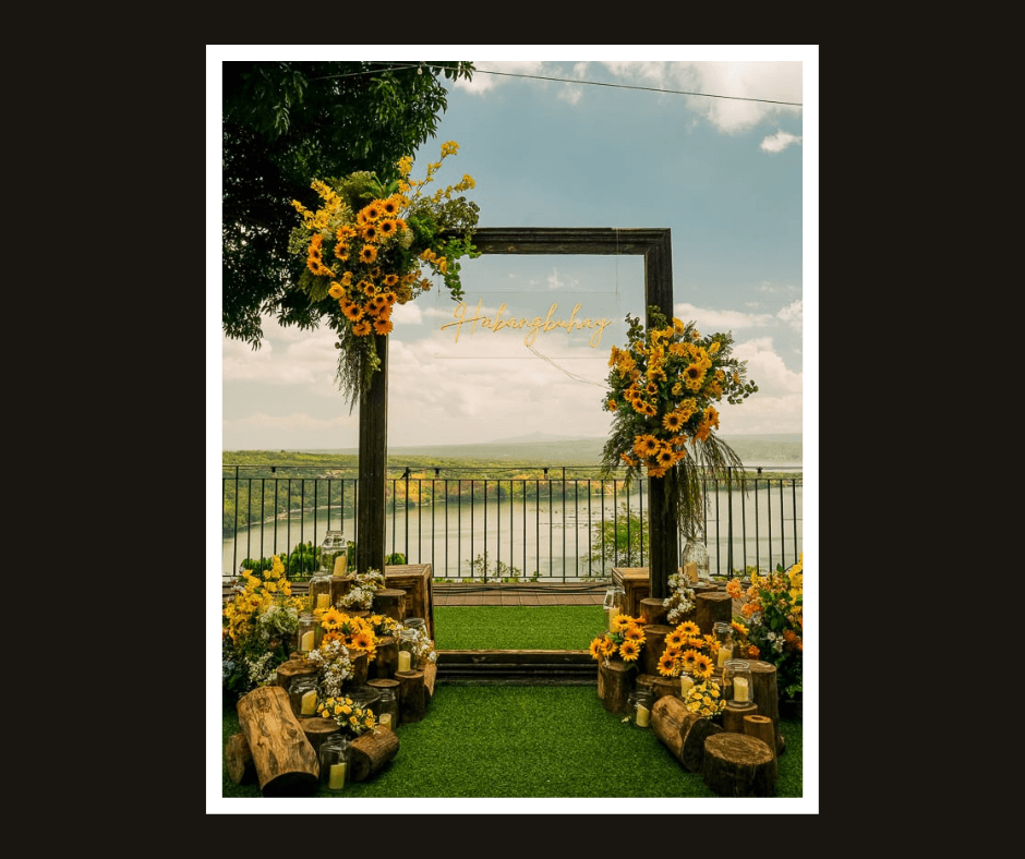 Black square ceremony arch styled with sunflowers, greenery, crates, and floral arrangements