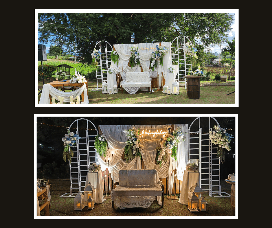 White garden lattice arch shown with floral arrangements, drapery, greenery, and lights