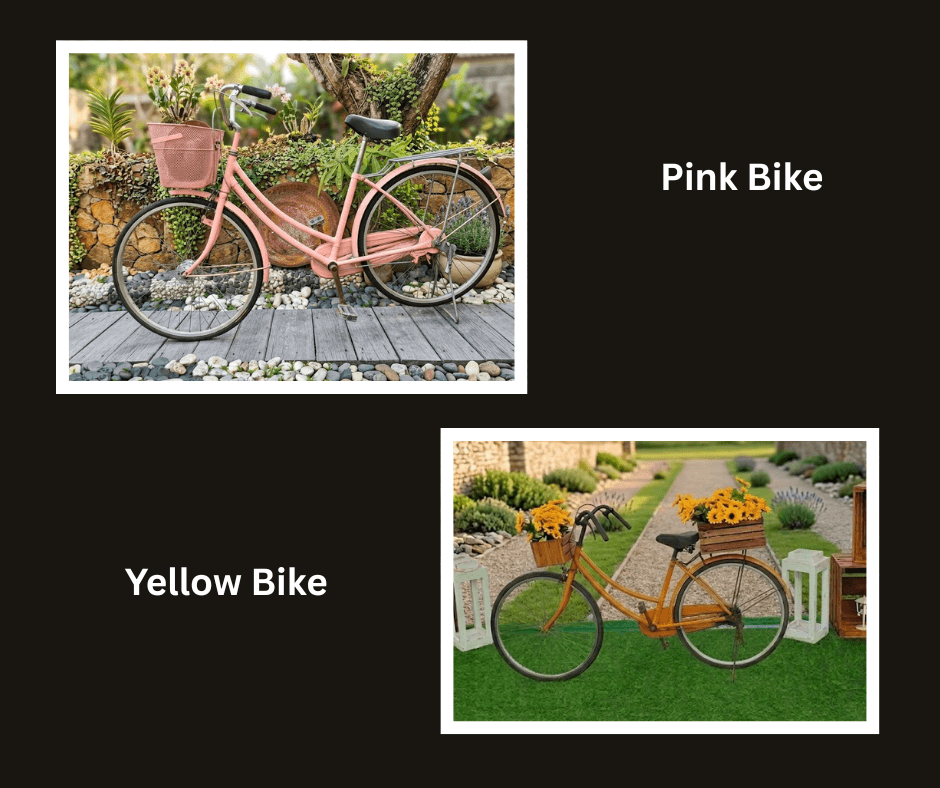 Pink and yellow vintage bicycles decorated with flowers