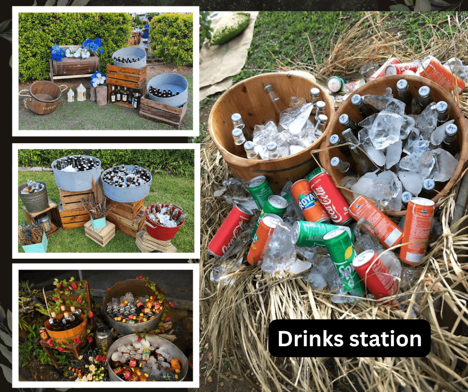 Rustic drinks station with tubs, crates, and bottled refreshments