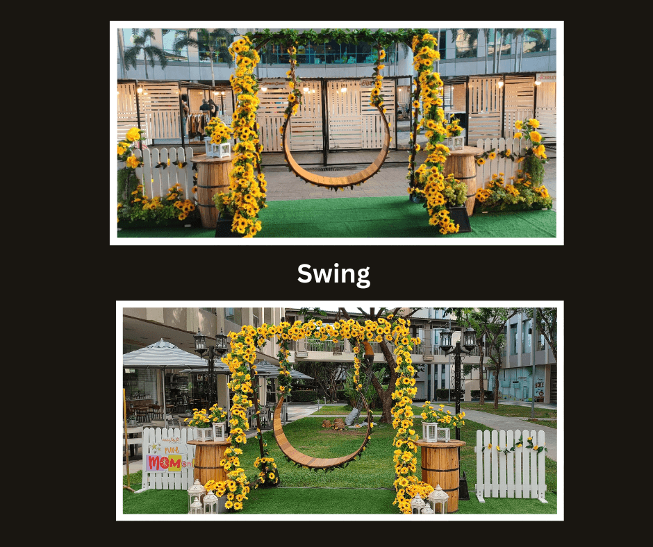 Freestanding event swing decorated with bright sunflowers