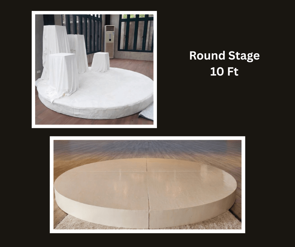 White circular event stage measuring ten feet across