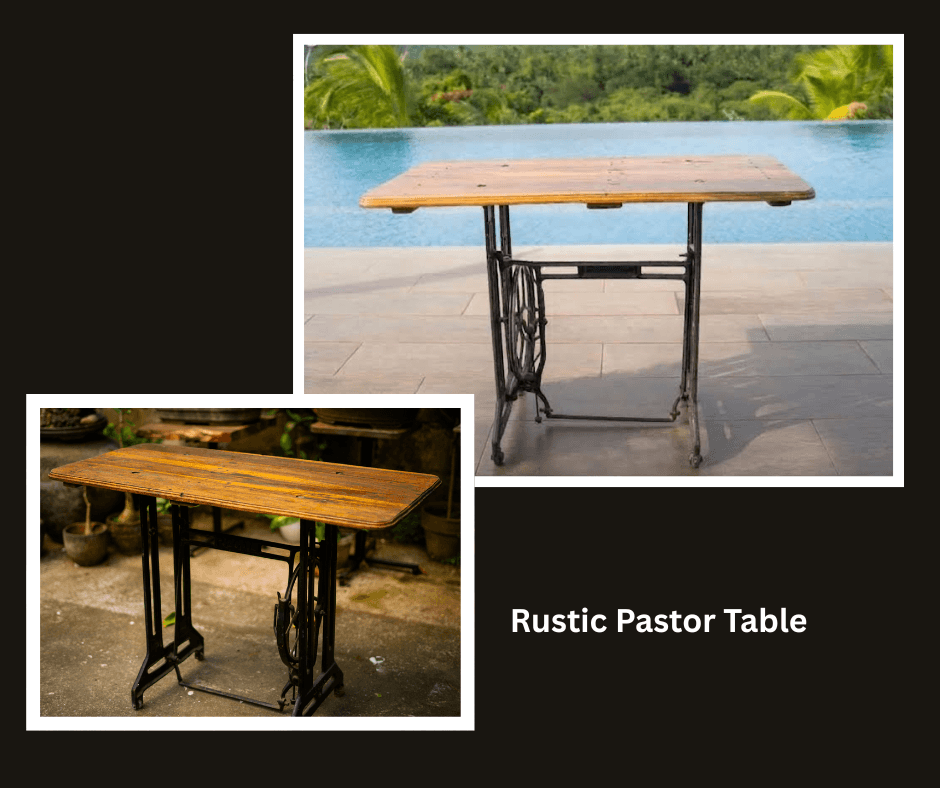 Rustic pastor table with a timber top and vintage metal base