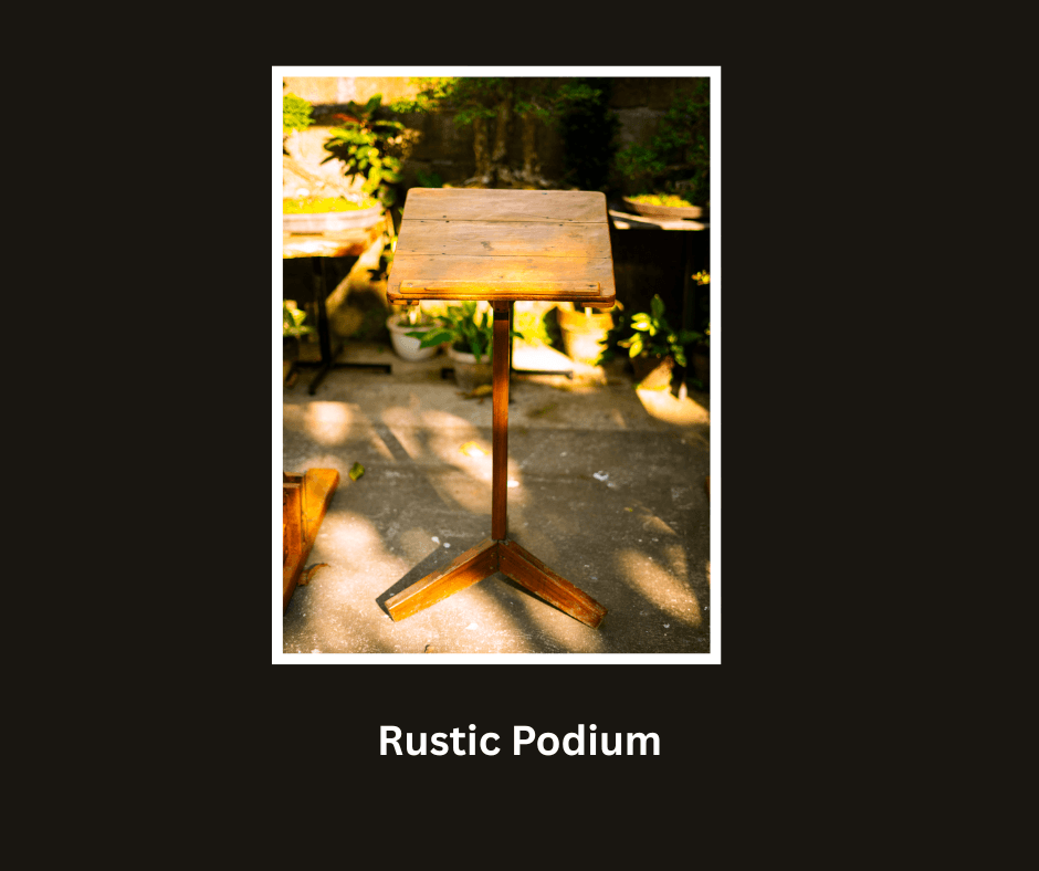 Compact rustic wooden podium on a metal pedestal base