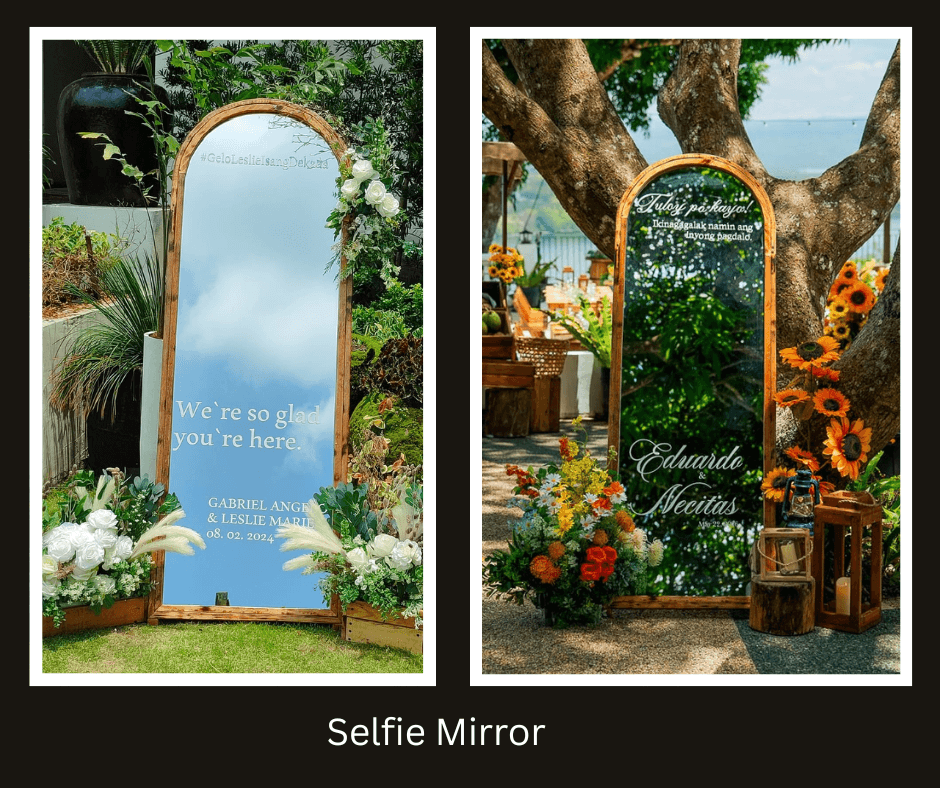 Pair of tall framed selfie mirrors styled with flowers