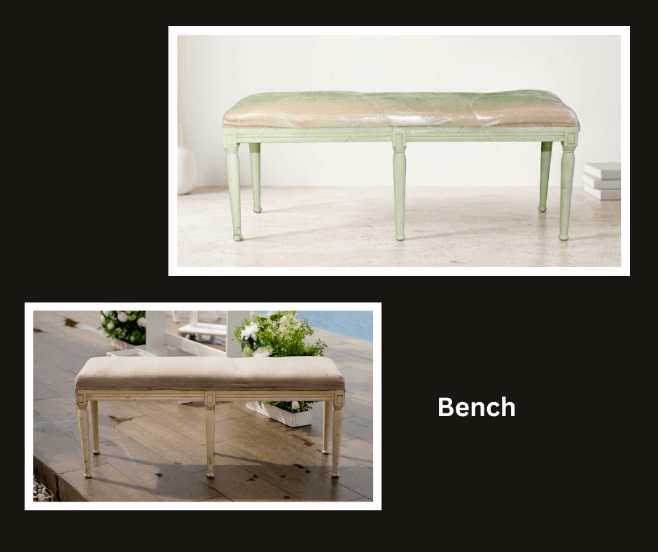 Long pale upholstered bench with a light wooden frame