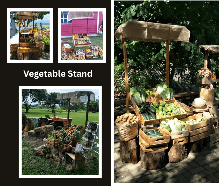 Rustic wooden vegetable market stand with baskets and produce
