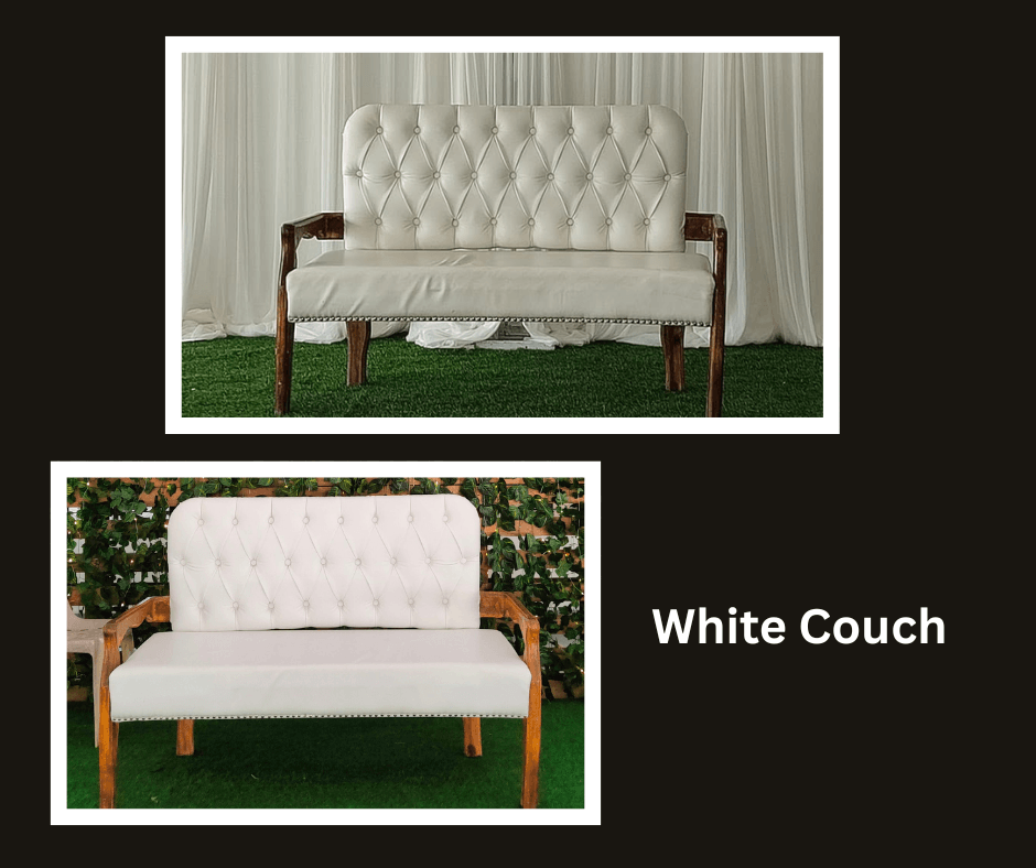 White tufted two-seat couch shown indoors and outdoors
