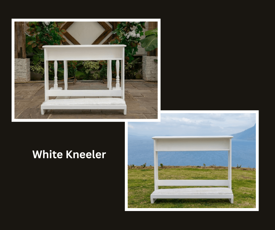 White wooden ceremony kneeler shown indoors and outdoors
