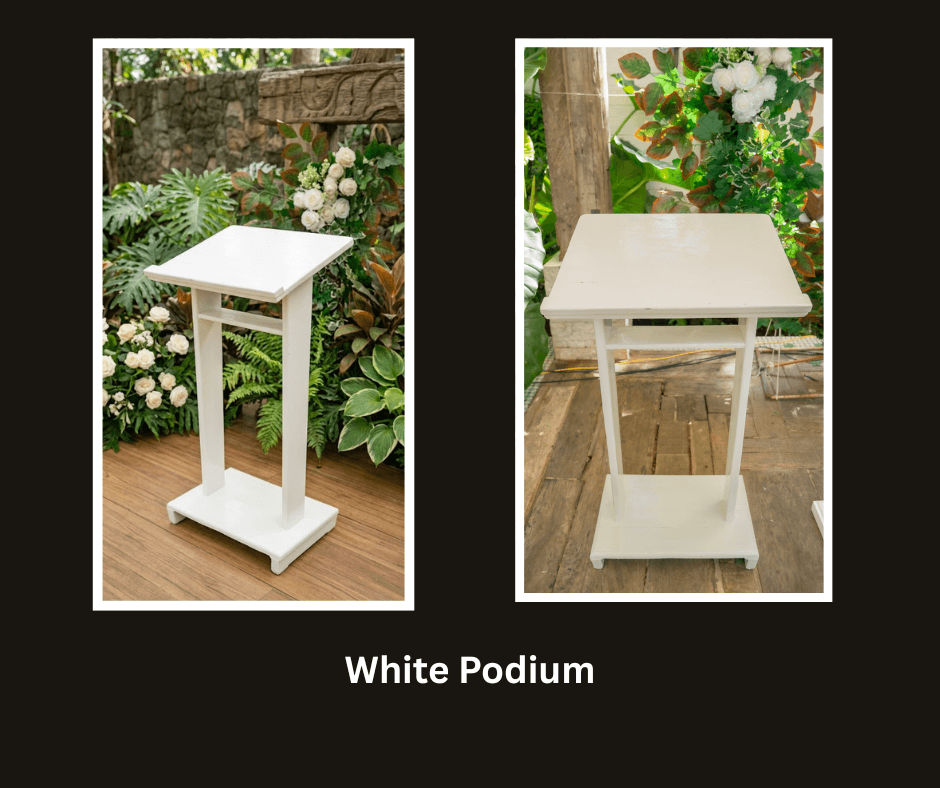 White wooden podium shown in two garden settings
