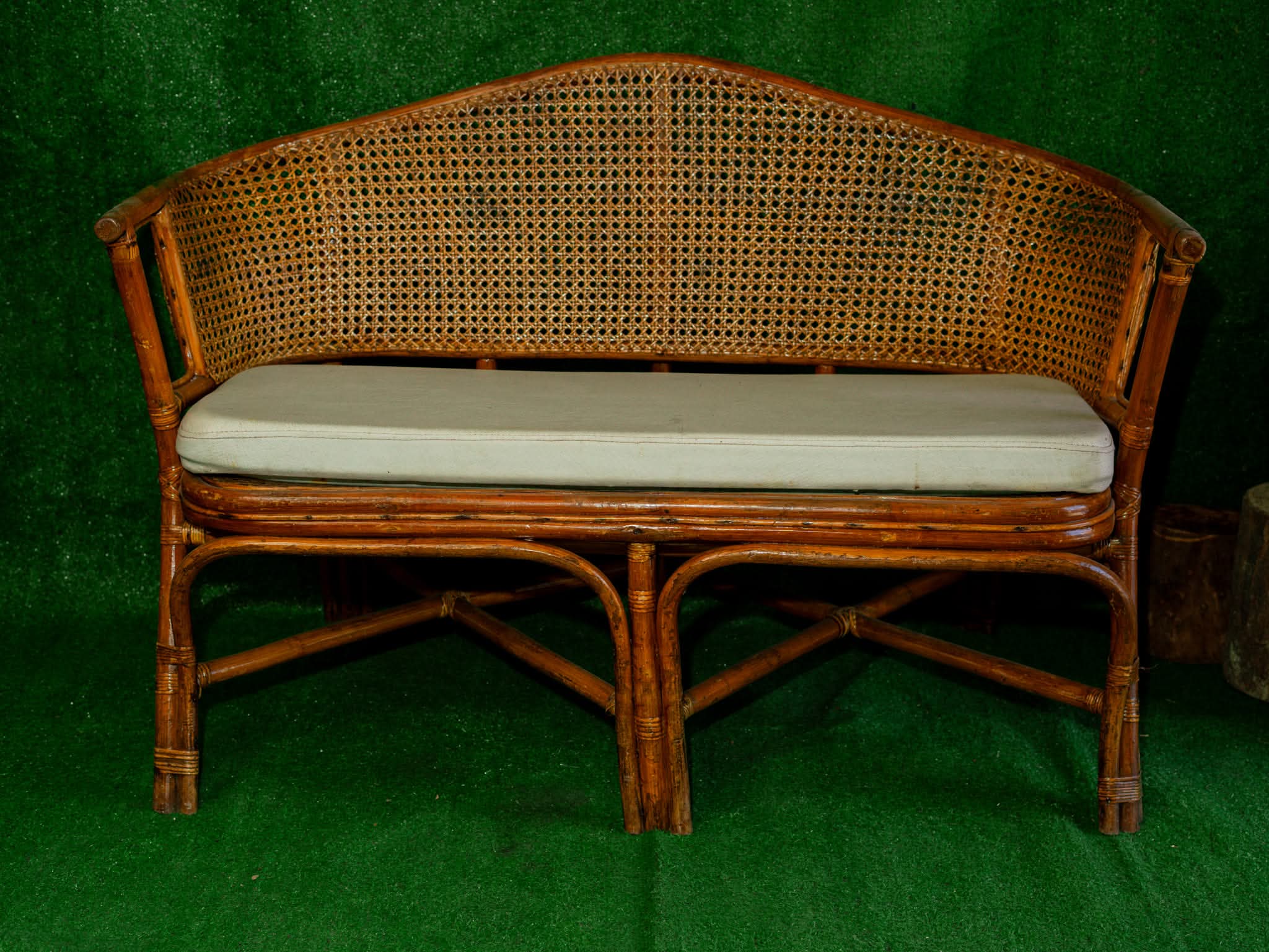 Cane and rattan bench with a cushioned seat