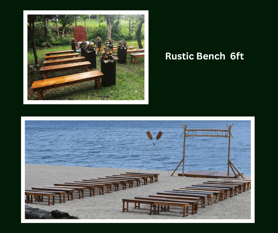 Six-foot rustic benches arranged for garden and waterfront events