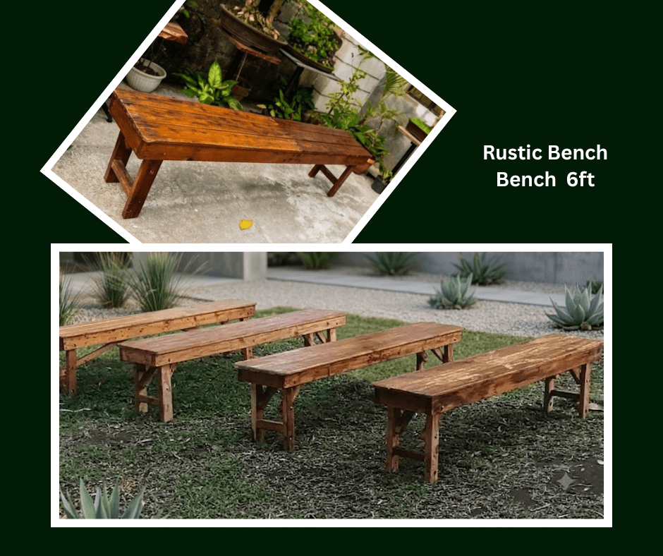 Six-foot rustic wooden benches shown individually and as a grouped set