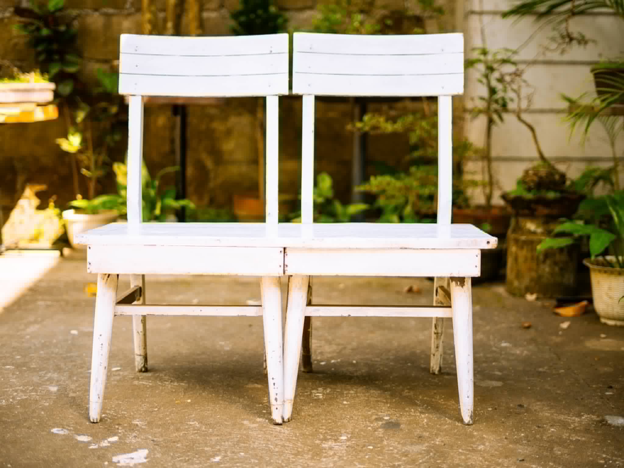 Pair of white wooden slat-back event chairs