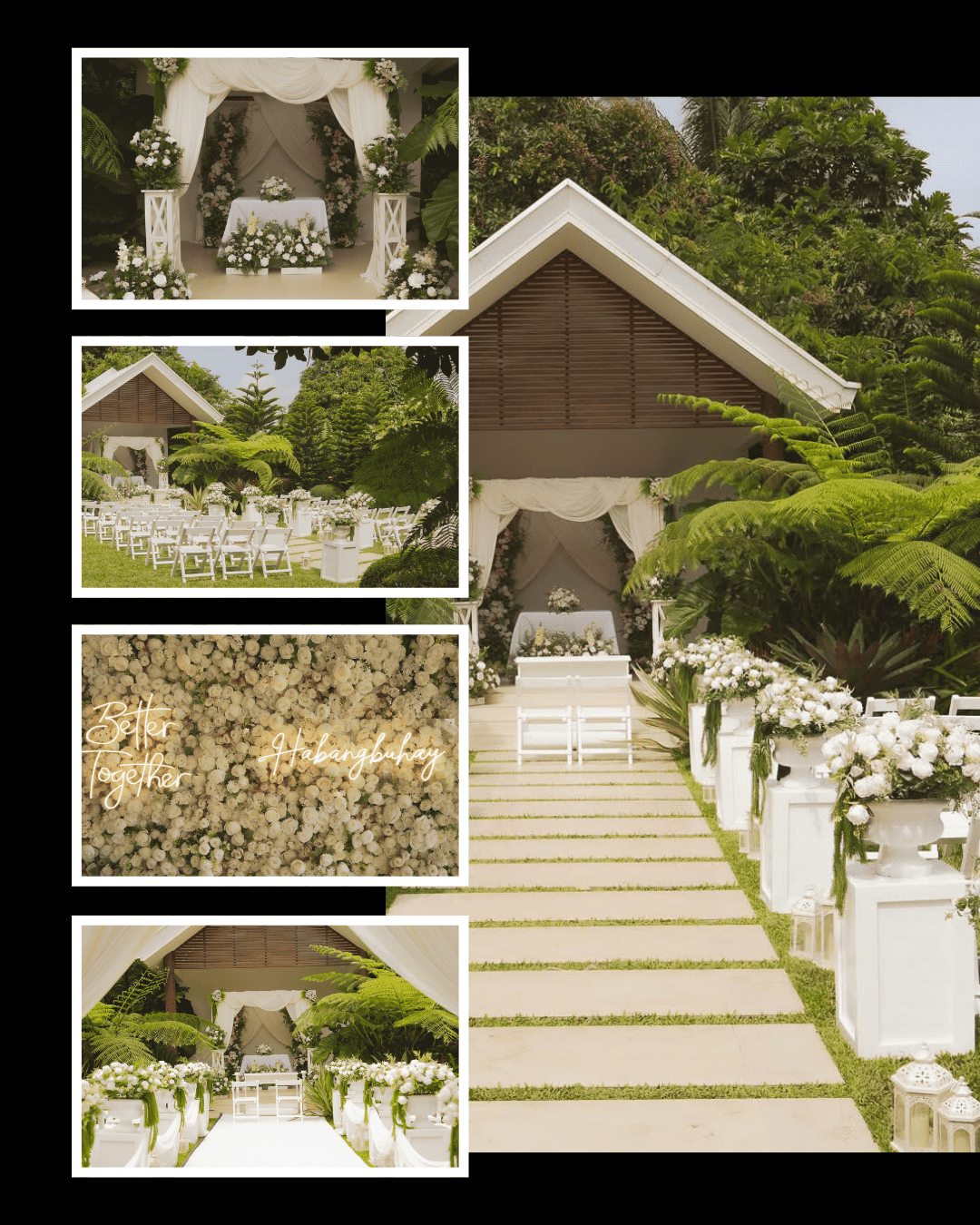 Garden chapel wedding ceremony styled with white flowers and chairs