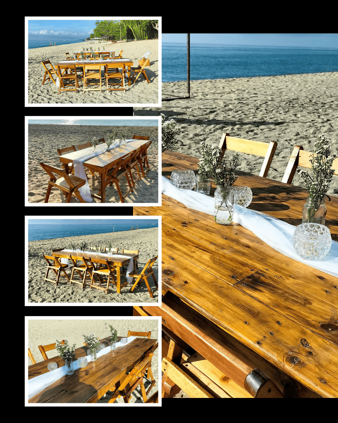 Beachfront rustic dining tables styled with glass and greenery