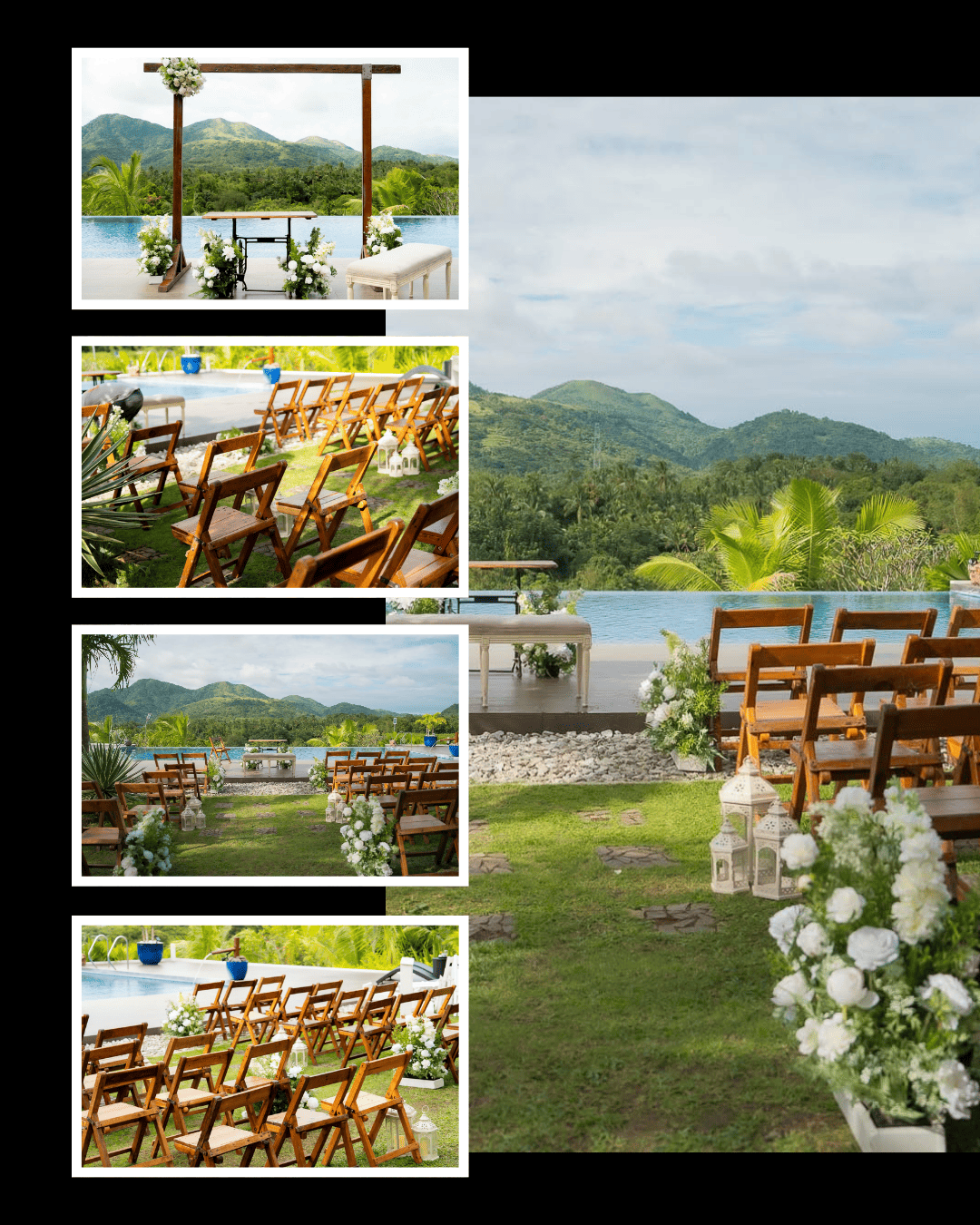 Mountain-view garden wedding with wooden ceremony chairs