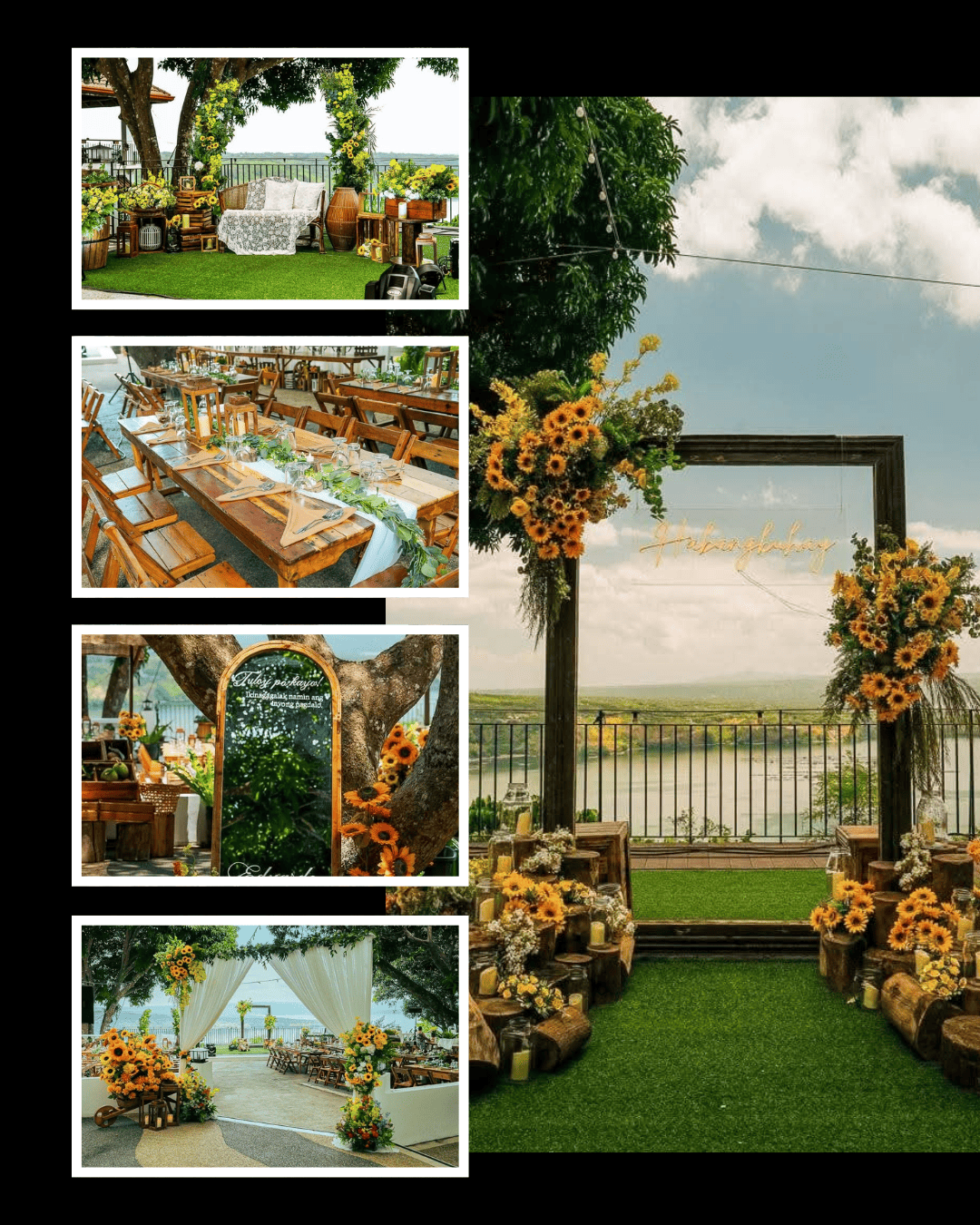Sunflower wedding arch and rustic reception tables