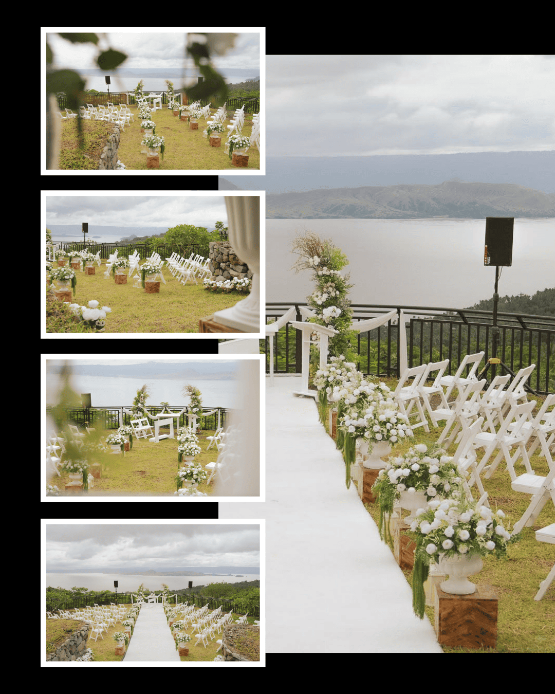 Lakeside wedding ceremony with white floral aisle styling