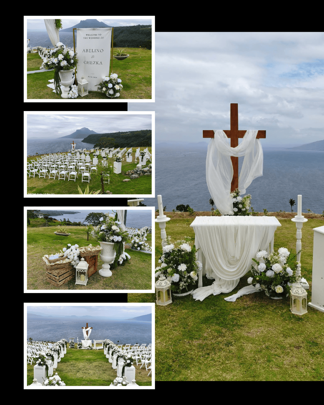 Cross altar and white garden wedding seating overlooking a lake