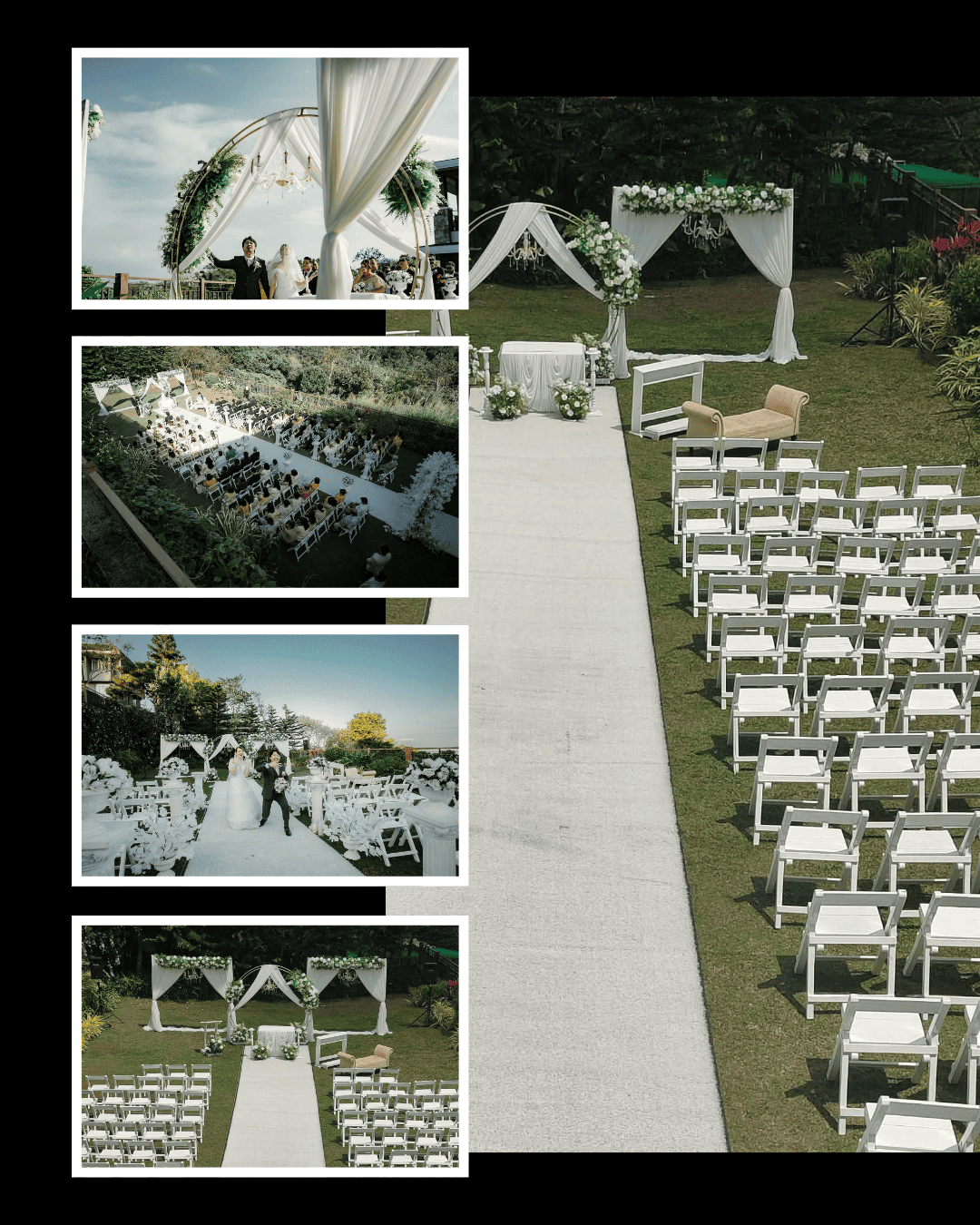 White draped ceremony arches and coordinated reception styling