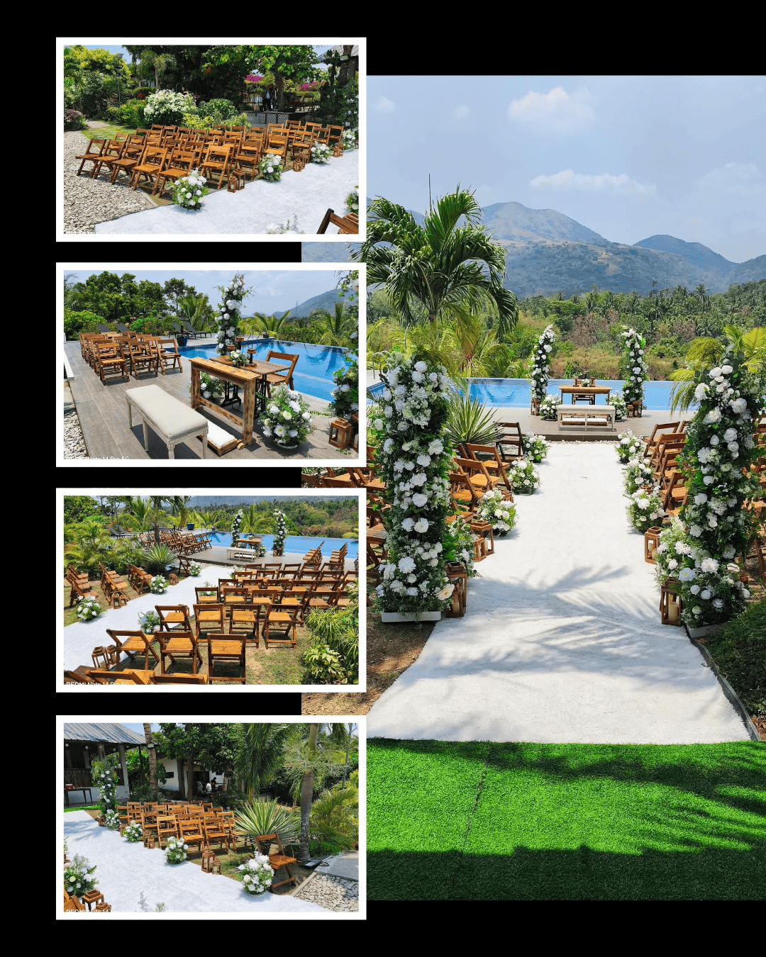 Open-air wedding ceremony with wooden chairs and floral aisle markers