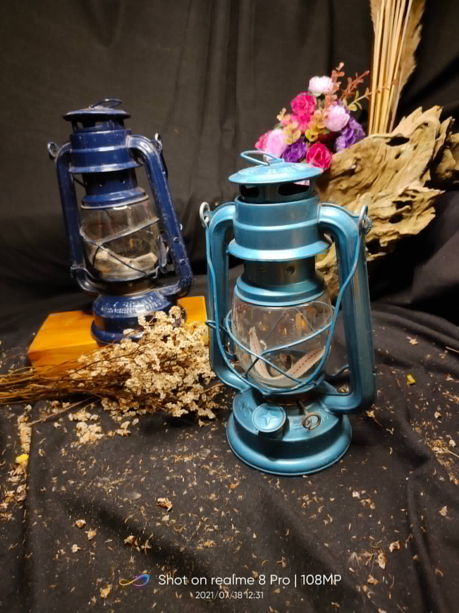 Blue and turquoise vintage kerosene lanterns