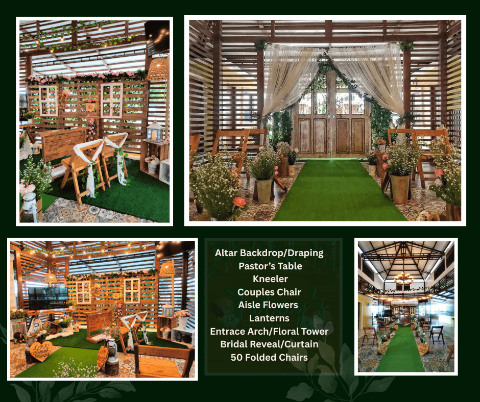 Indoor rustic ceremony setup with wooden chairs, floral arrangements, and a green aisle