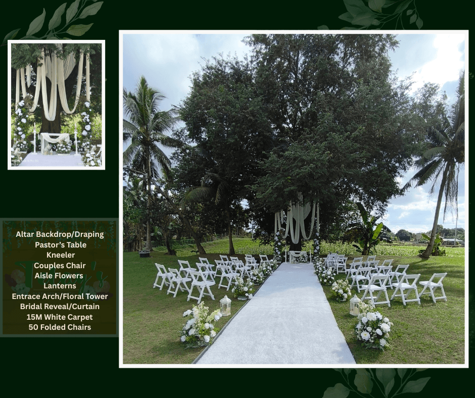 Outdoor wedding aisle with white chairs under a large tree