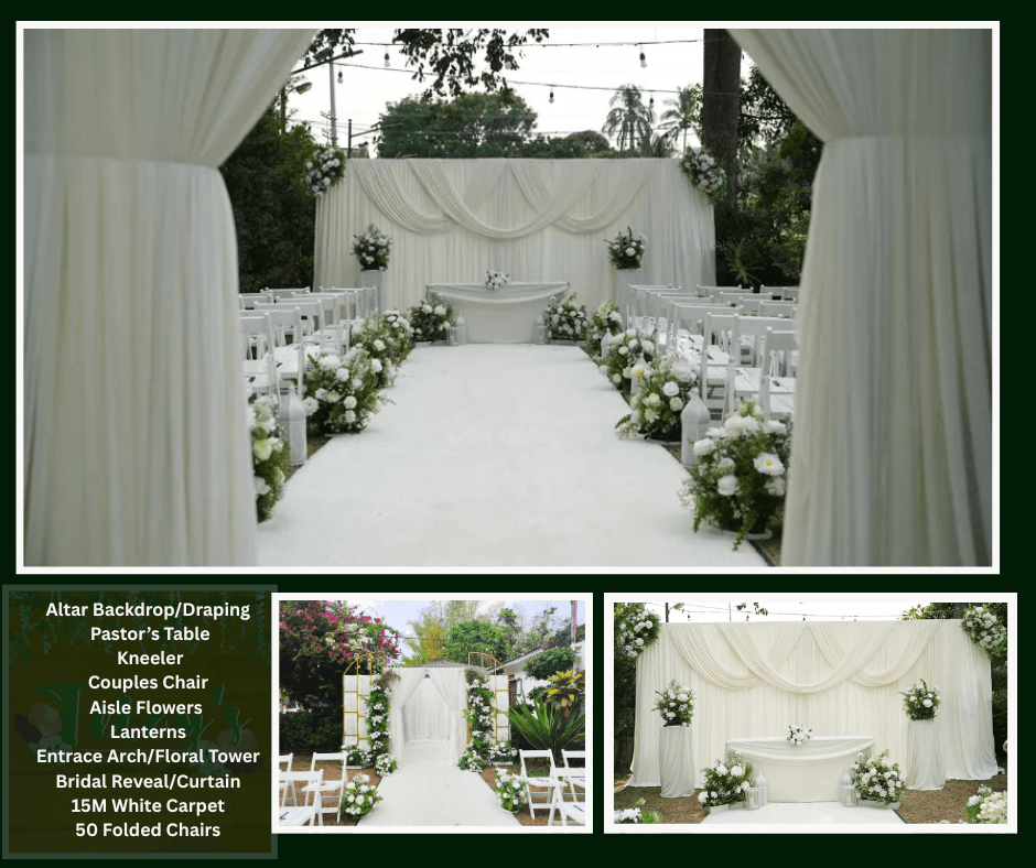 Outdoor white draped wedding aisle surrounded by trees