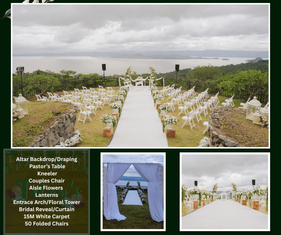 Outdoor white wedding aisle overlooking a wide landscape