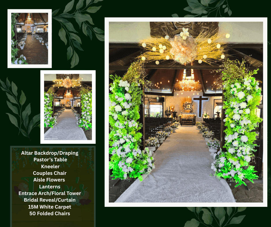 Indoor wedding aisle with flower arches and warm hanging lights