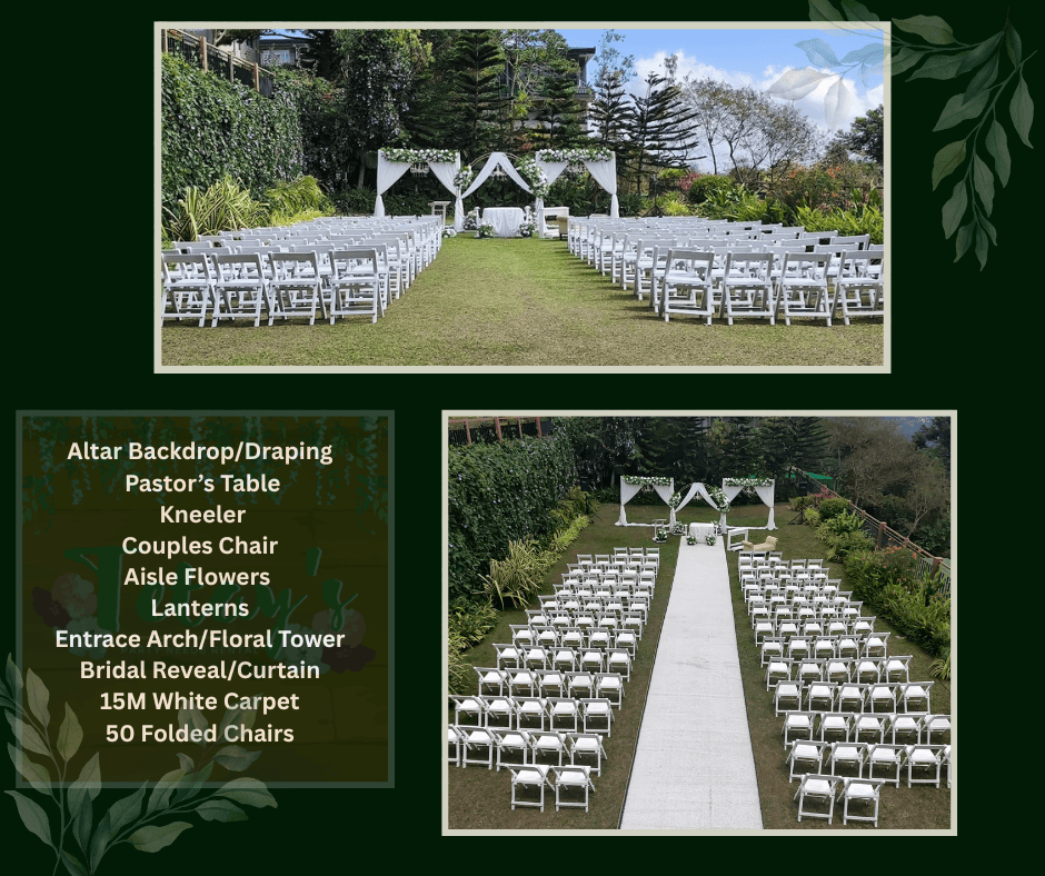 Outdoor garden wedding aisle with white chairs and a small altar