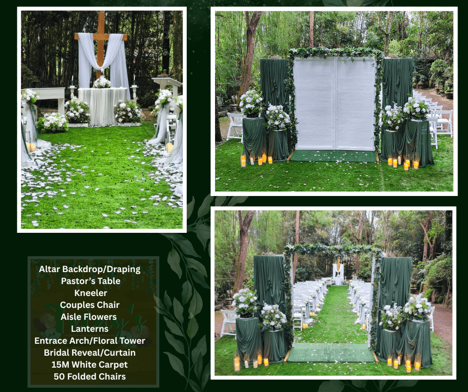 Outdoor garden aisle with a green leafy backdrop and white flowers