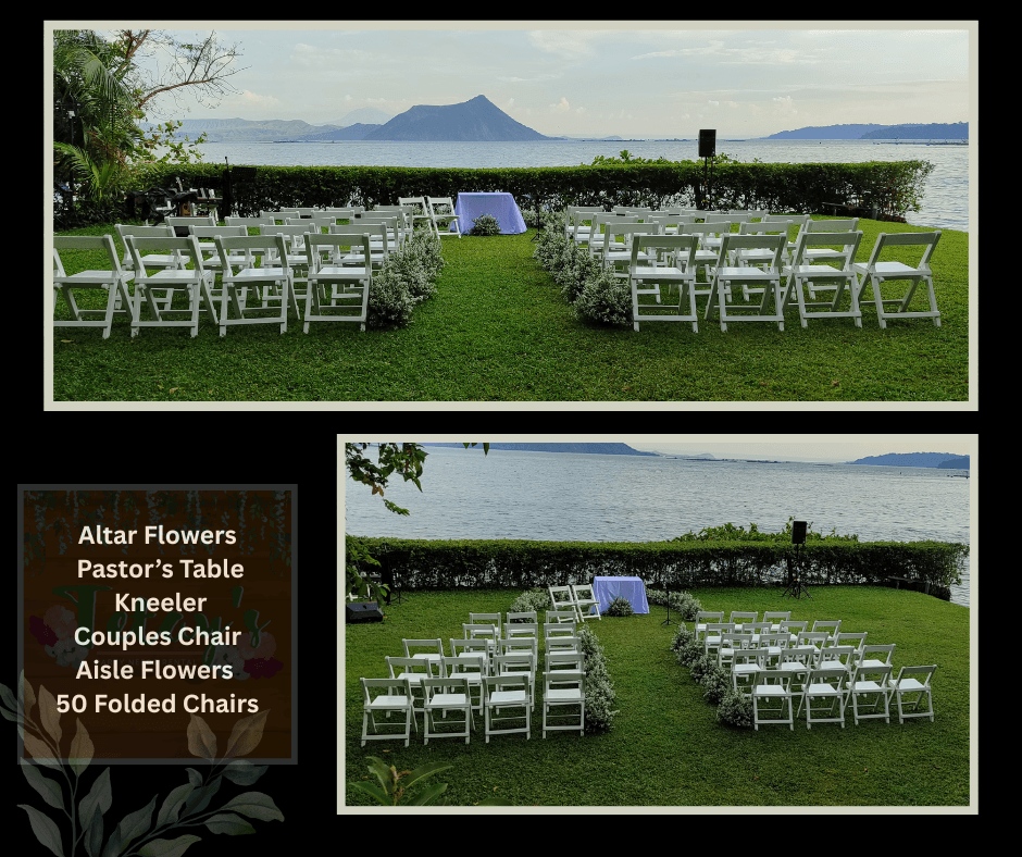 Outdoor lawn ceremony with white chairs facing a lake and volcano