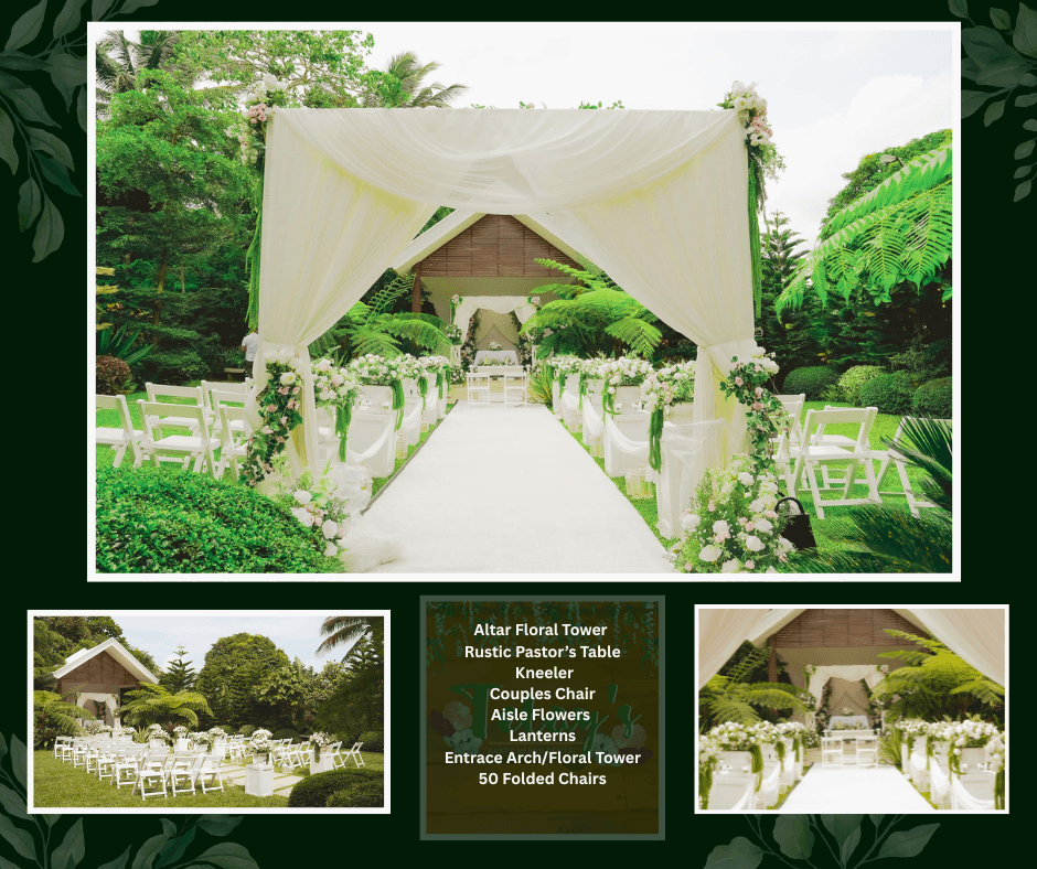 Outdoor garden ceremony with a cream fabric canopy and white chairs