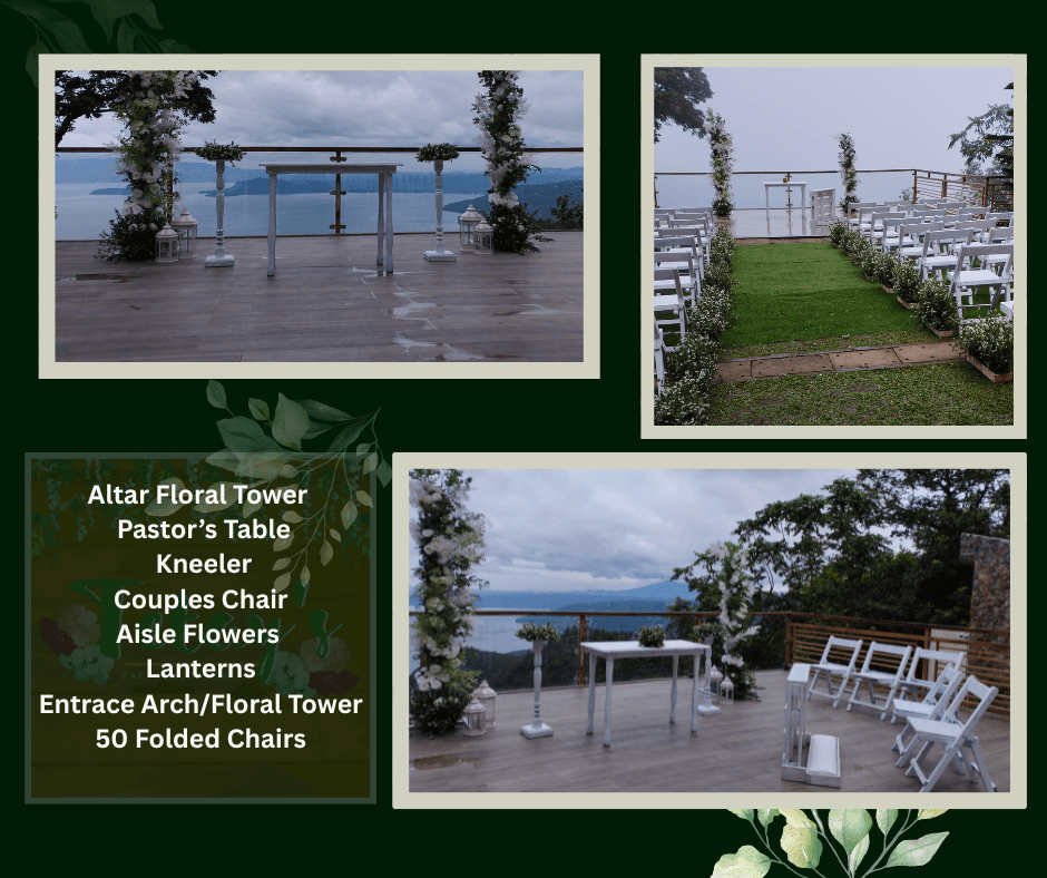 Outdoor deck ceremony with white railings and lake views