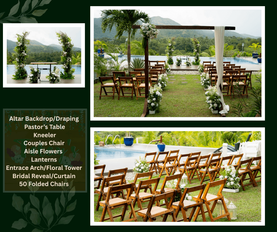 Outdoor wedding aisle with wooden chairs and mountain views