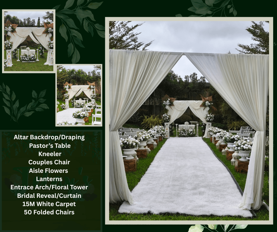 Outdoor wedding aisle seen through white curtains