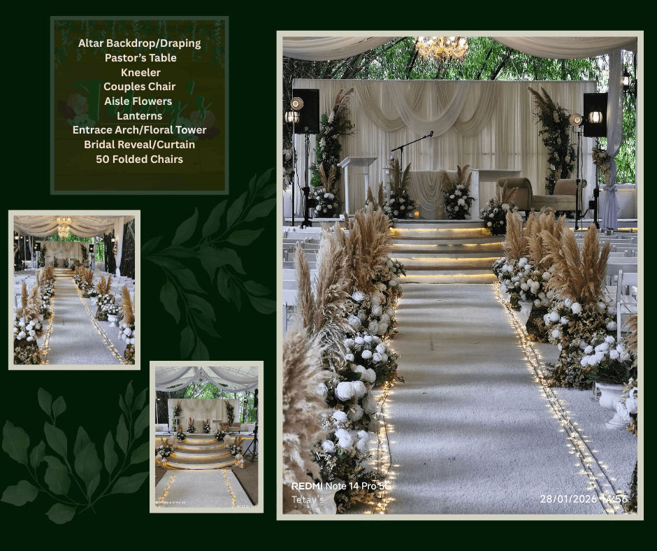 Indoor wedding aisle with cream flowers and dried grass
