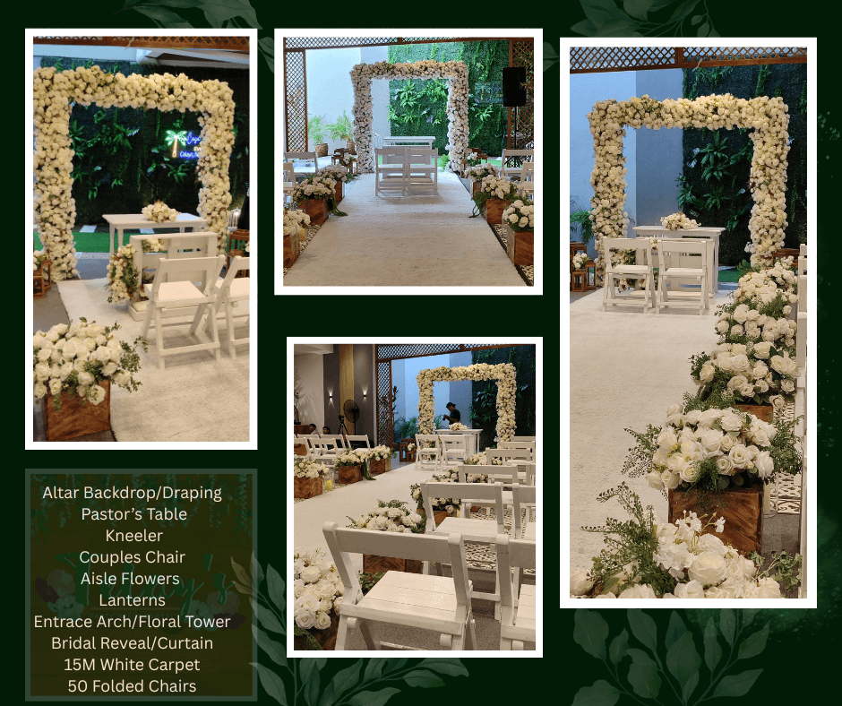 Indoor wedding aisle framed by large cream flower arches