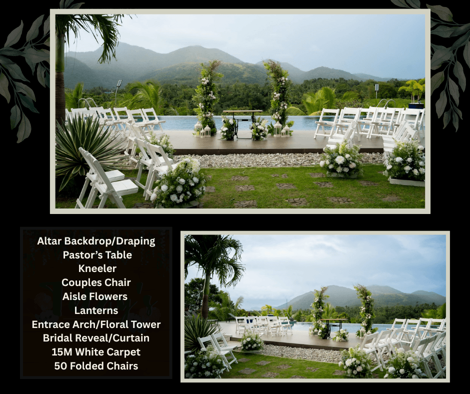 Outdoor white chair ceremony facing green mountains