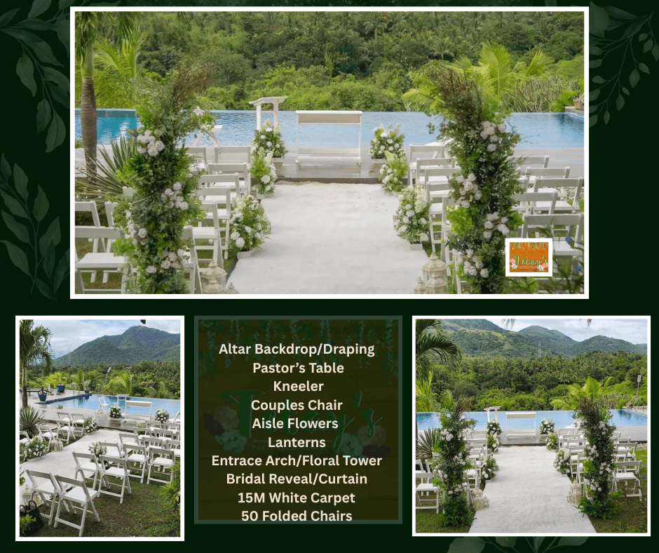 Outdoor poolside wedding aisle with white chairs and green mountains