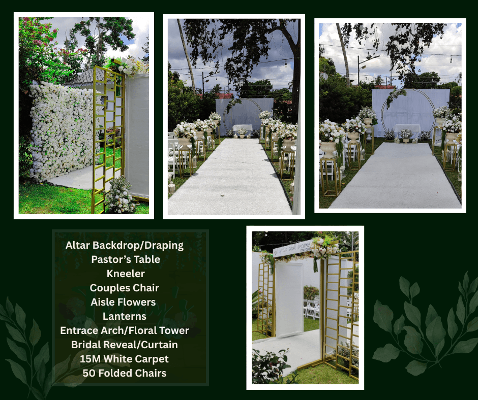 Outdoor white wedding aisle with gold open frames and flowers